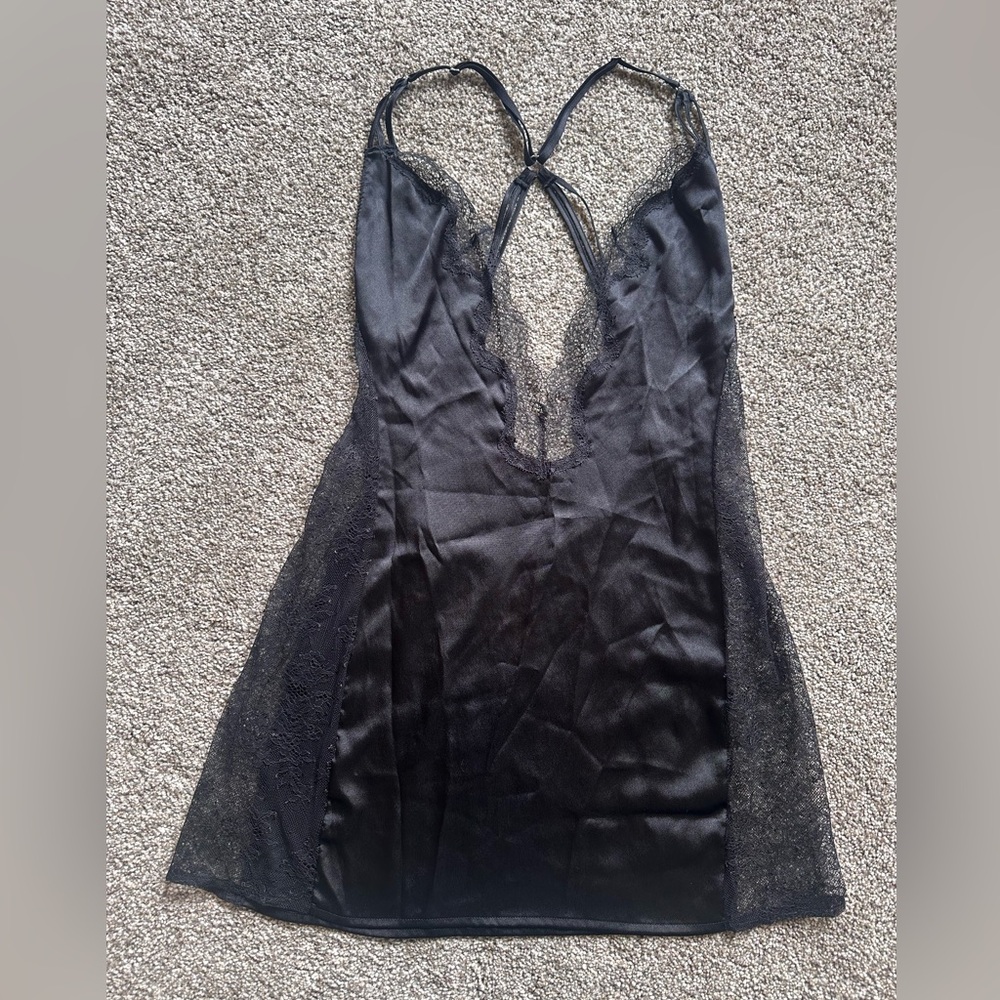 Victoria's Secret Black Satin & Lace Plunge Chemise